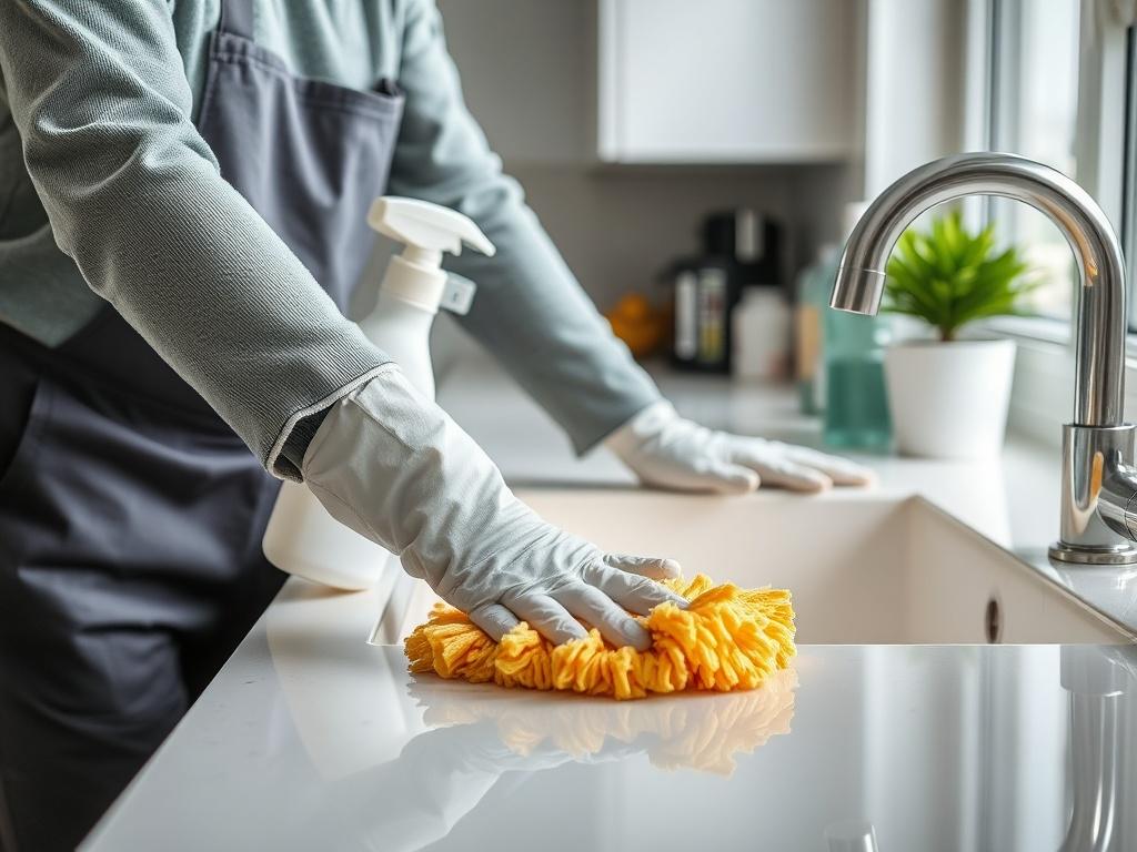 A hyper-realistic close-up shot of a professional cleaner using eco-friendly products to scrub kitchen surfaces. The image captures the cleaner in action, showcasing gleaming countertops and a spotless sink. Use a 45mm f/1.2 lens style to emphasize the shine and cleanliness, with a soft background blur that highlights the tools and environment.