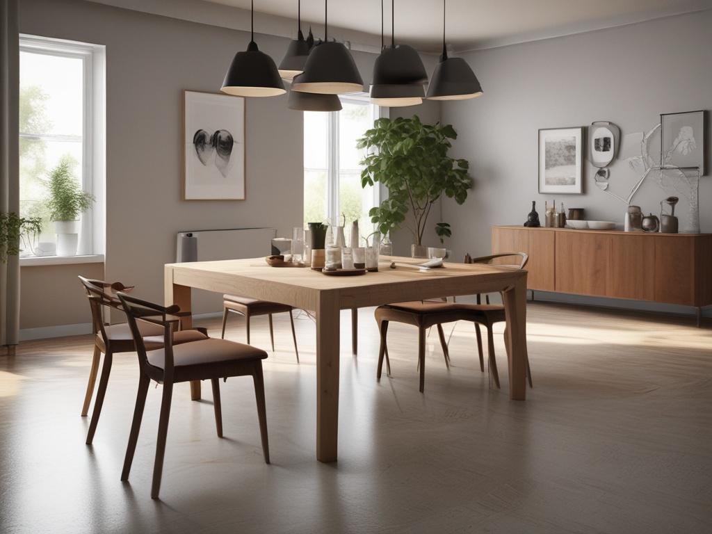 A spacious dining area post-event, with a large table cleared of dishes, showcasing the aftermath. The focus is on a pristine floor and cleaned surfaces, with eco-friendly cleaning products subtly placed nearby. The atmosphere reflects a warm, inviting space ready for the next gathering. Captured in high resolution with a 45mm f/1.2 lens to emphasize cleanliness and comfort.