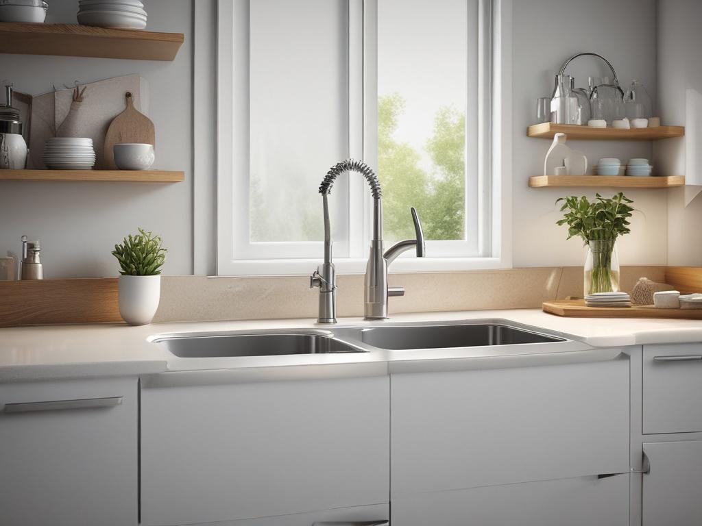 A bright kitchen featuring a spotless countertop with eco-friendly cleaning supplies neatly arranged. The focus is on a gleaming sink and polished surfaces, showcasing the results of a deep clean. Soft natural light enhances the cleanliness, with hints of greenery in the background. Captured in high resolution using a 45mm f/1.2 lens to highlight the pristine details.