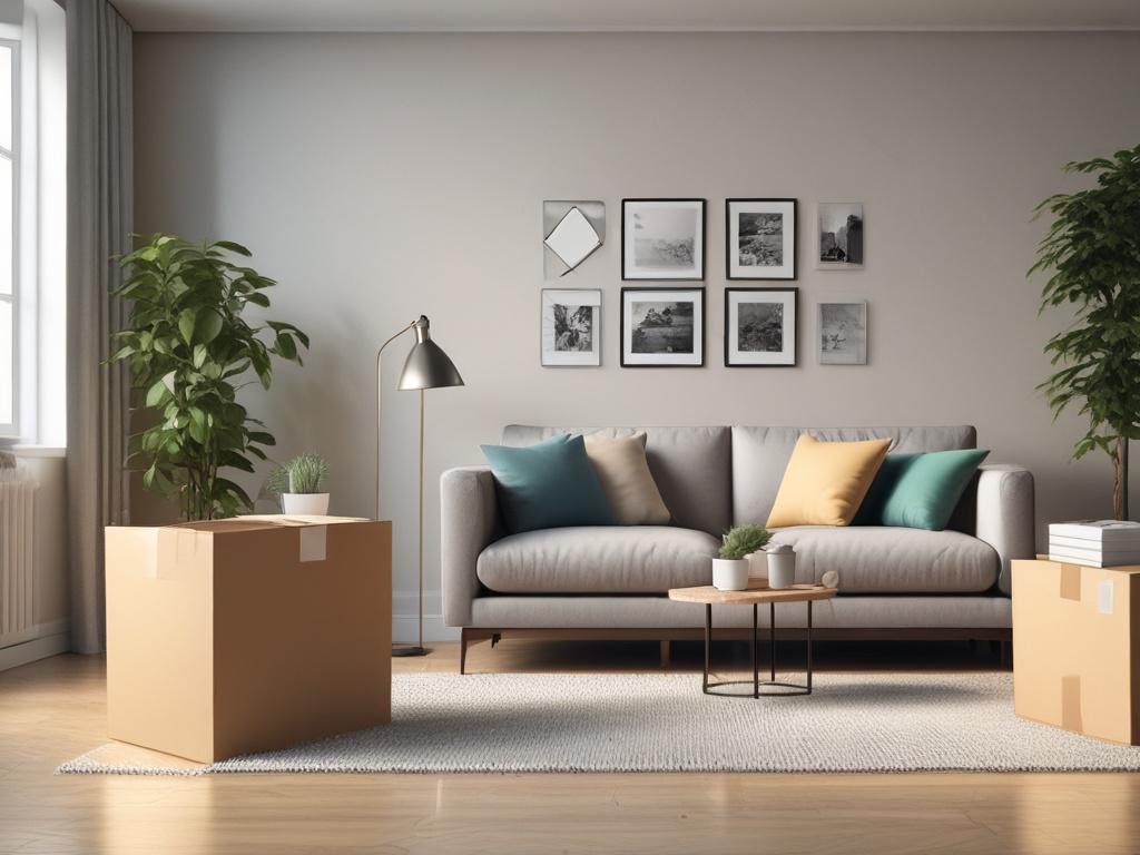 A close-up shot of a sparkling clean living room corner with boxes being unpacked, symbolizing the transition of moving in. The background should be softly blurred, emphasizing the cleanliness of the space. Natural light should flood the scene, highlighting the freshness and inviting atmosphere of the newly cleaned area. The image should evoke feelings of excitement and new beginnings.