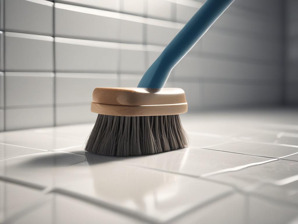 A hyper-realistic close-up of a scrub brush on a pristine bathroom tile, showcasing the detail of the clean grout. The background should be softly blurred to emphasize the brush and tile, creating a sense of depth. Lighting should highlight the shine of the tiles, conveying a feeling of a freshly deep-cleaned space. The image should evoke a sense of cleanliness and attention to detail.