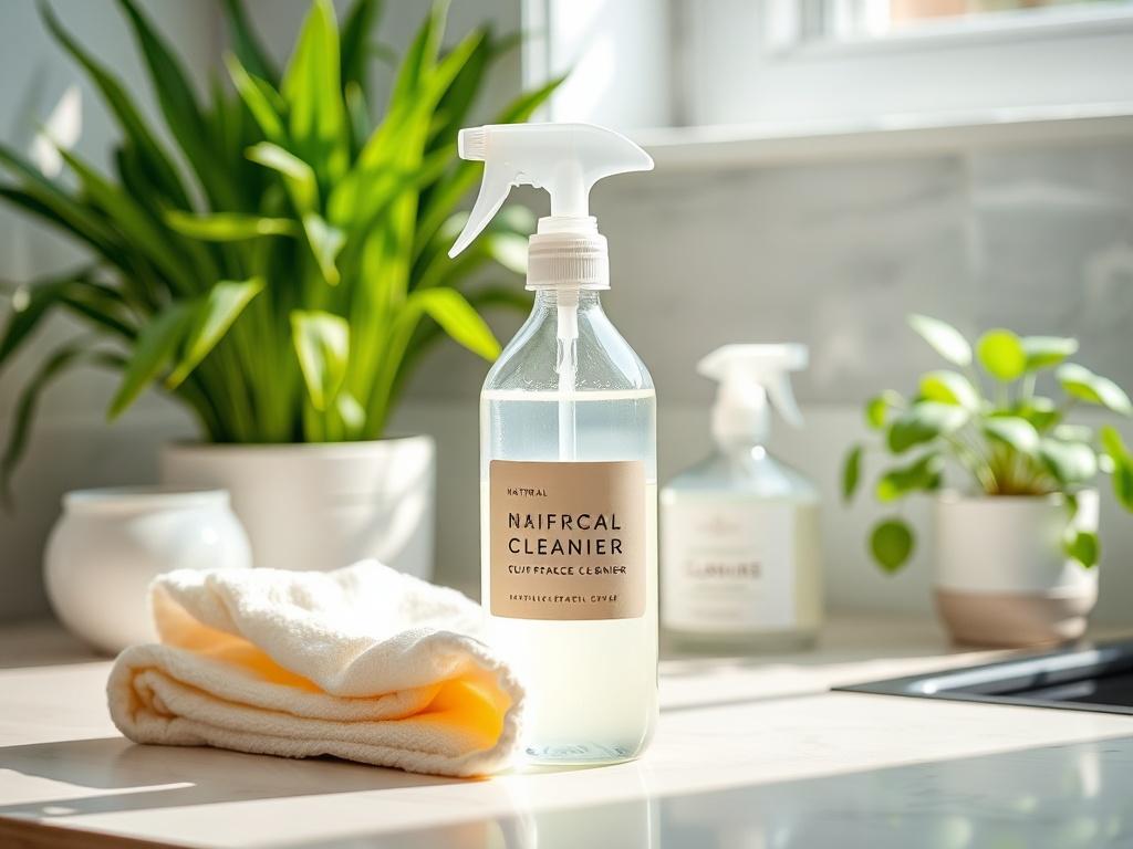 A clean and organized kitchen counter with eco-friendly cleaning supplies neatly arranged. Focus on a bottle of natural surface cleaner, with a soft cloth beside it and green plants in the background. Soft natural light illuminates the scene, emphasizing the freshness and eco-friendly aspect.