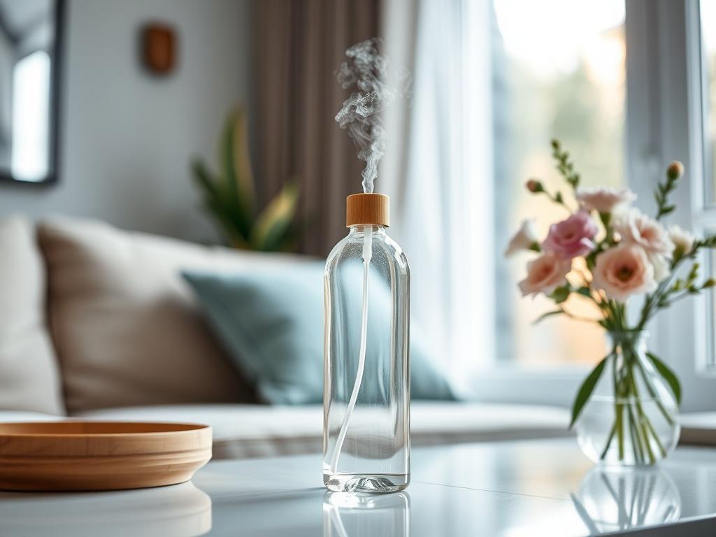 A serene living room scene featuring a natural air freshener bottle placed on a coffee table near a window with soft light streaming in. A vase of fresh flowers is nearby, contributing to the calming atmosphere.