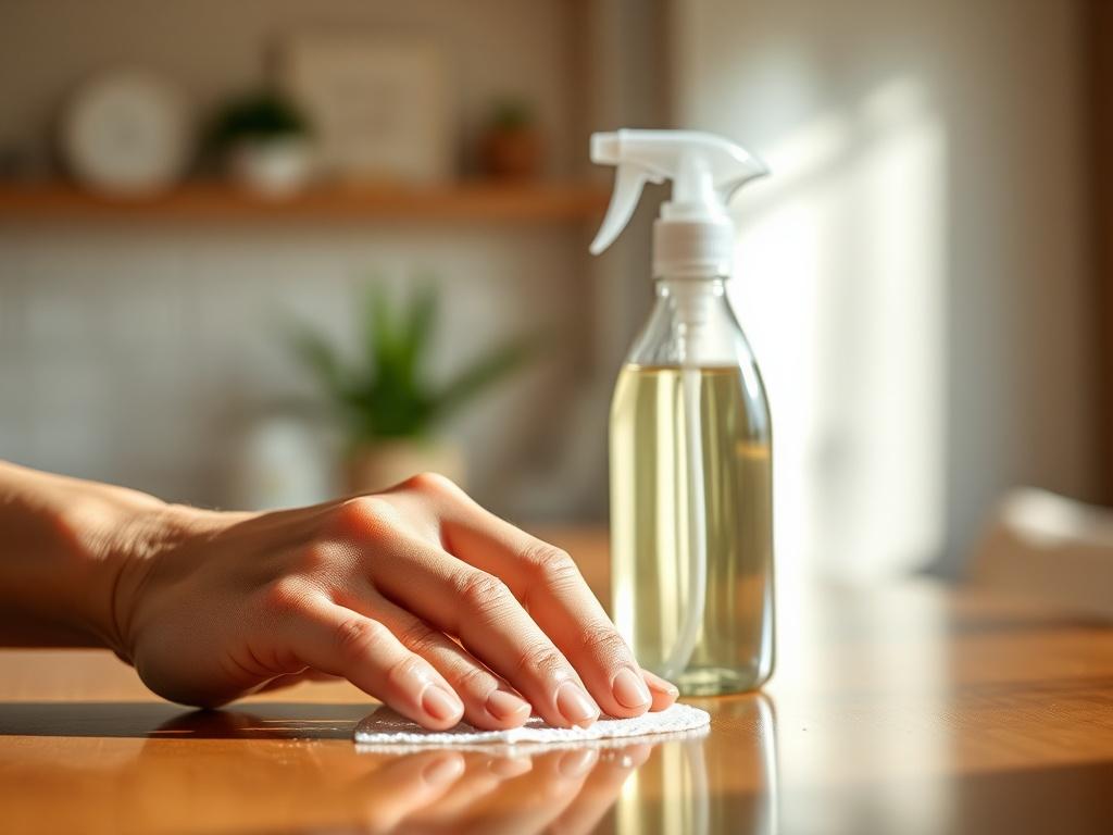 A close-up shot of a hand gently cleaning a surface with an eco-friendly cleaning product. The background is softly blurred, emphasizing the hand and the cleaning product, which is a sleek, modern bottle. The color scheme is warm and inviting, reflecting the eco-friendly theme. The lighting is soft and natural, creating a calm atmosphere, shot with a 45mm f/1.2 lens.