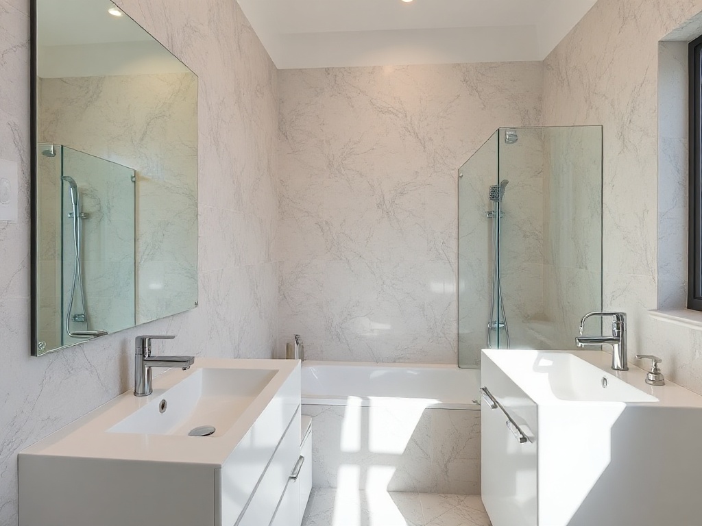 Professional standard bathroom cleaning Adelaide - sparkling clean modern bathroom with gleaming tiles and fixtures
