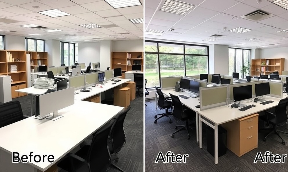 Office workspace before and after professional cleaning