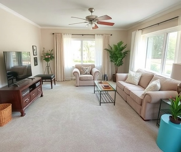 Immaculate living room with clean carpets and furniture