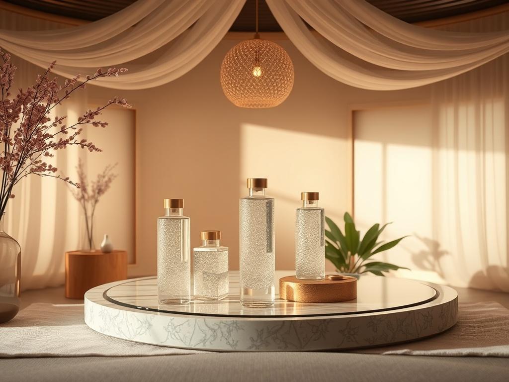A visually appealing display of frequency-infused hydration products within a beautifully designed sensory environment. The image showcases the products as functional elements that enhance the overall ambiance and user experience.