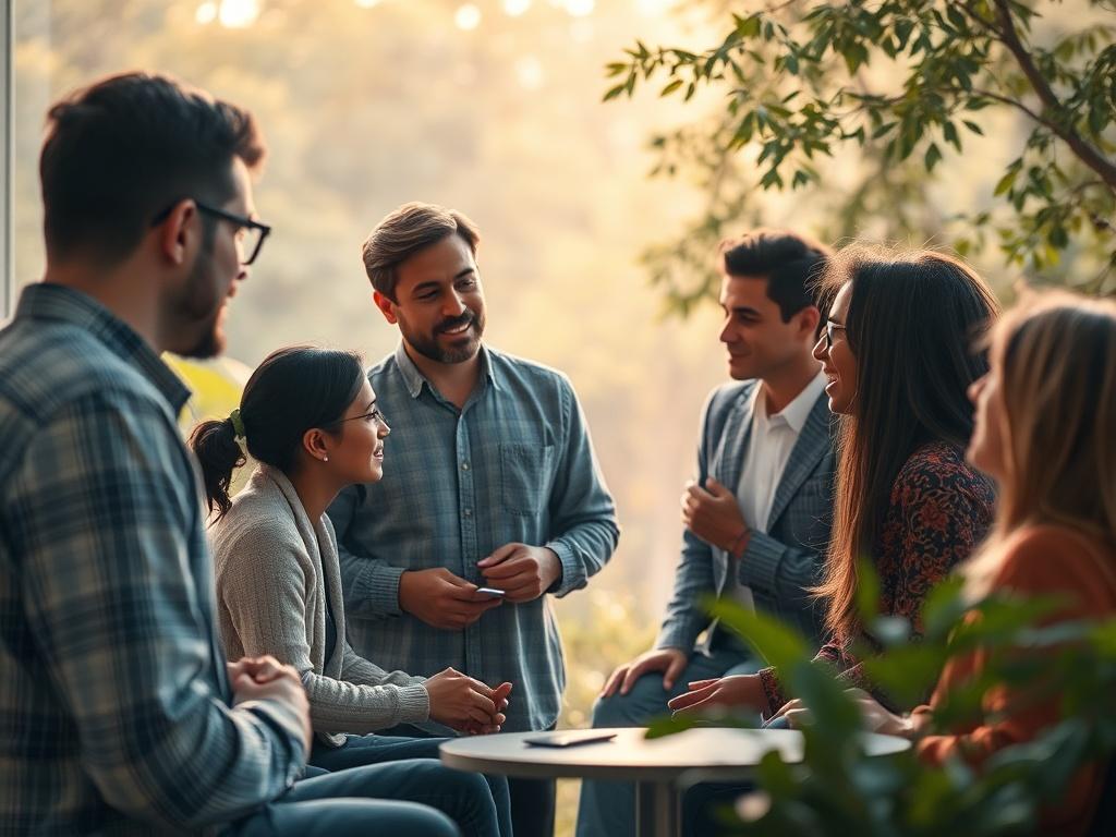 A serene setting where a Resonix team member interacts with a group of diverse individuals, sharing ideas and engaging in conversation. The background features soft lighting and calming nature elements, creating a peaceful atmosphere.