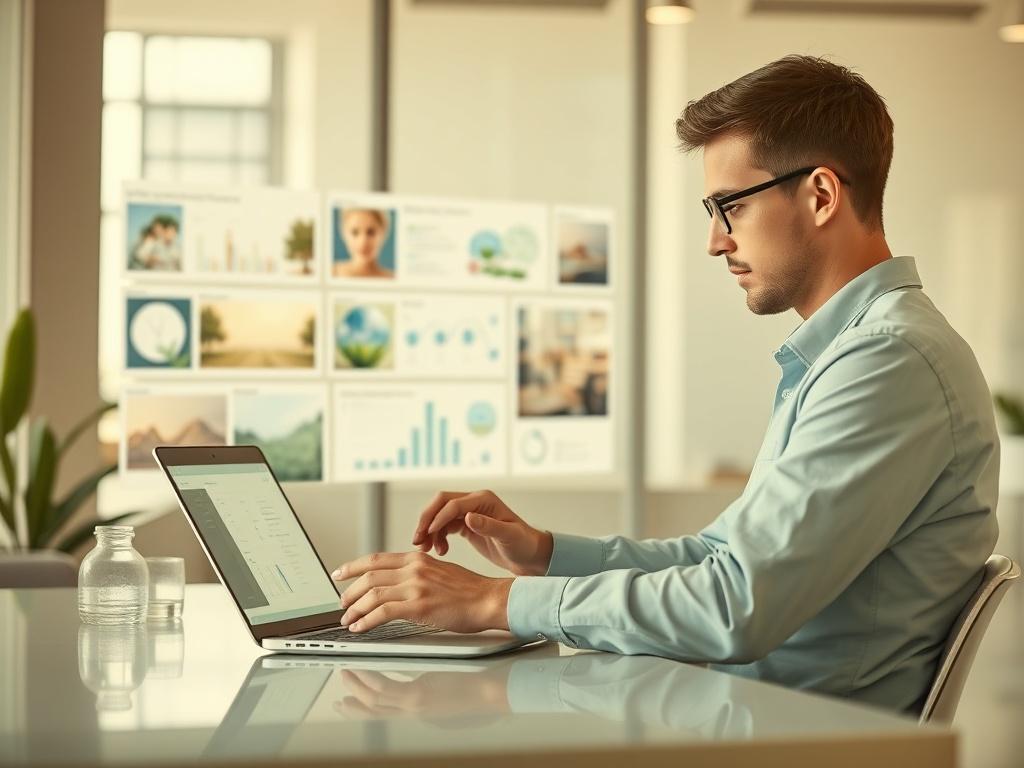 A team member analyzing data on a laptop, surrounded by visuals of sensory environments and hydration solutions. The setting is modern and collaborative, reflecting a commitment to continuous improvement.