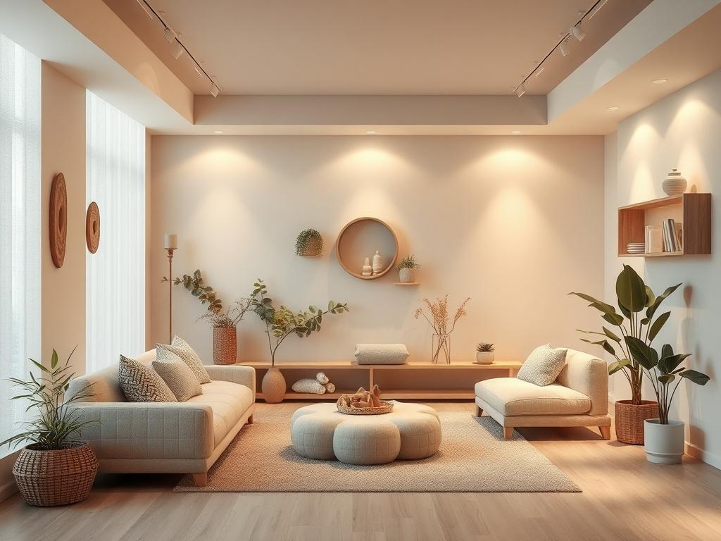 A beautifully designed sensory space featuring natural elements, soft colors, and comfortable seating. The atmosphere is tranquil, with gentle lighting and soothing decor that invites relaxation and connection.