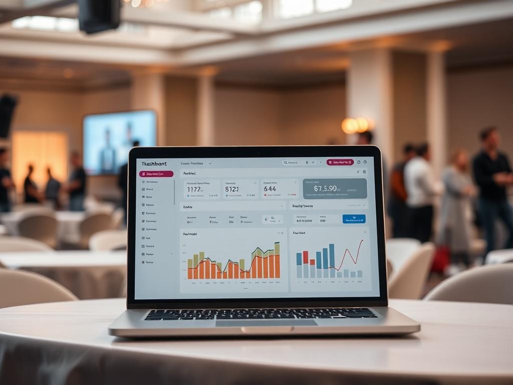 a laptop displaying a user-friendly dashboard with real-time event data, set on a table amidst a calm event atmosphere, conveying a sense of professionalism and efficiency.