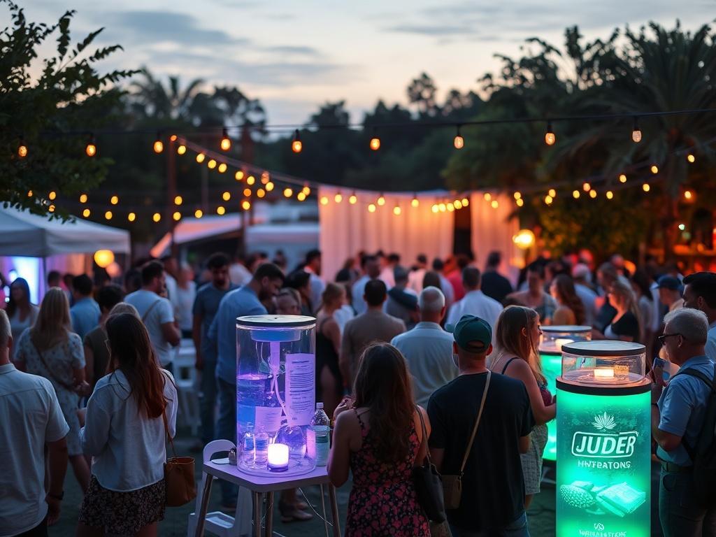 a rental setup featuring hydration stations and sensory installations at an outdoor event, surrounded by attendees enjoying a vibrant atmosphere, with soft lighting and a peaceful environment.
