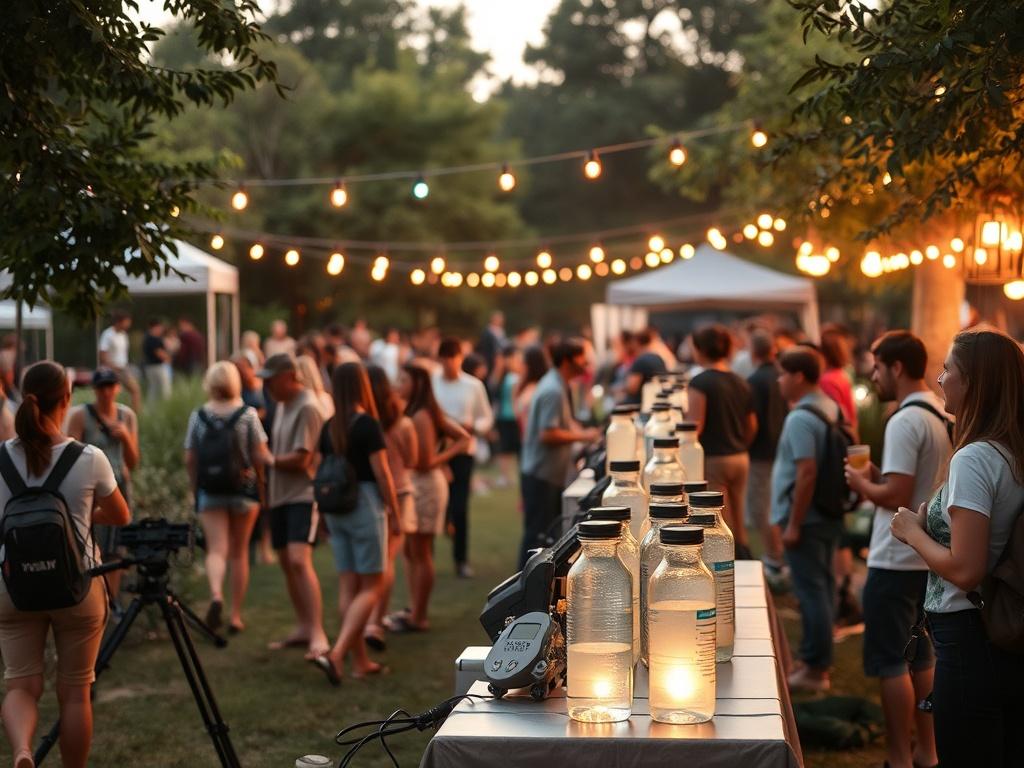 a well-organized outdoor event setup with attendees enjoying hydration stations, surrounded by lush greenery, soft lighting, and a serene atmosphere, conveying a sense of safety and community.