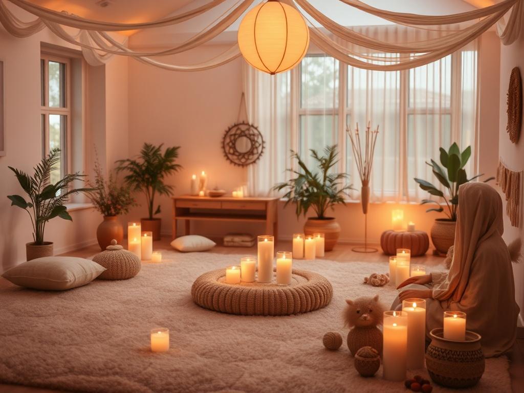A calming sensory environment featuring soft lighting, gentle sounds, and aromatic elements in a cozy indoor setting, inviting attendees to connect.