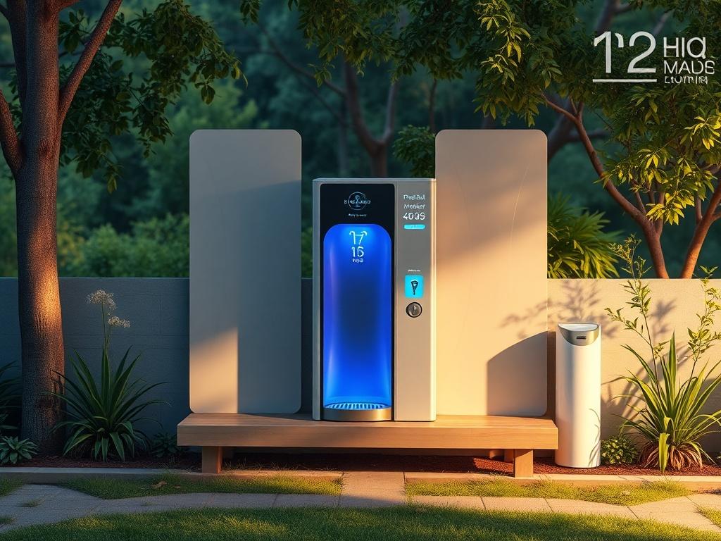 A serene hydration station in a natural outdoor setting, featuring frequency-infused water dispensers surrounded by greenery and soft lighting, promoting a peaceful atmosphere.