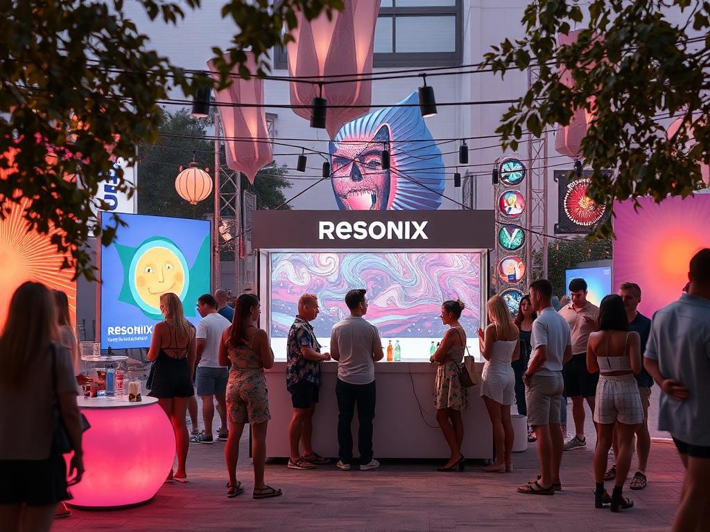 A lively arts festival scene featuring a Resonix hydration station amidst colorful art installations. People are interacting, enjoying hydration, and experiencing calming visuals, with a warm and inviting atmosphere.