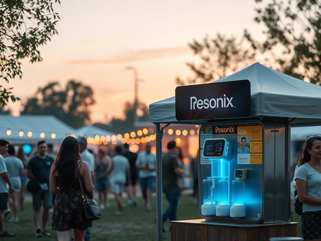 A peaceful outdoor festival scene showcasing a Resonix hydration station, with people enjoying the atmosphere, gentle lighting, and calming visuals. The background features soft hues of nature, emphasizing a harmonious vibe.