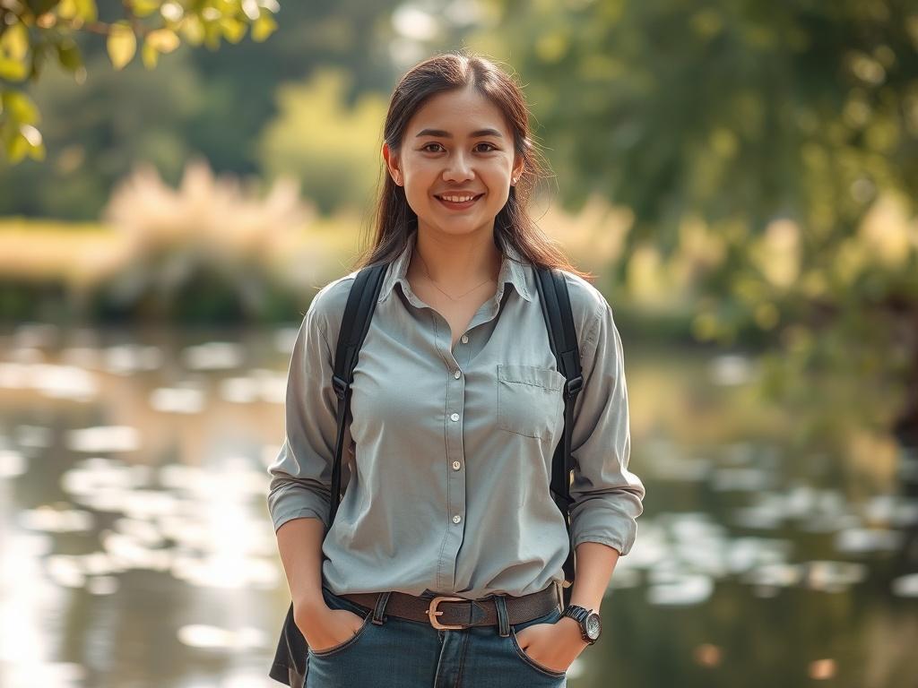 Create a realistic high-resolution photo that captures the essence of safety and harmony associated with frequency-infused solutions. The composition should feature a singular subject, specifically a serene and confident individual in a peaceful outdoor environment that conveys safety and calmness. 

The subject should be positioned at the center of the frame, wearing casual yet professional attire, symbolizing an expert in safety solutions. They should have a gentle smile, conveying trust and assurance, wh