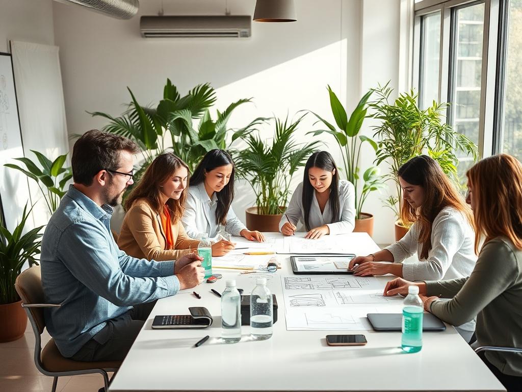 A serene workspace featuring a diverse group of professionals collaborating on design concepts. The setting should be peaceful, with soft natural light illuminating the room, plants in the background, and a large table filled with design sketches and hydration products. The atmosphere should convey creativity and teamwork, emphasizing the importance of harmony in design.