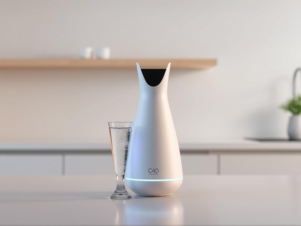 A sleek, modern hydration frequency infuser placed on a clean, minimalist kitchen countertop. The device is elegantly designed with soft tones and gentle lighting, surrounded by a glass of water that appears energized and inviting. The background features a peaceful atmosphere, emphasizing a harmonious environment.