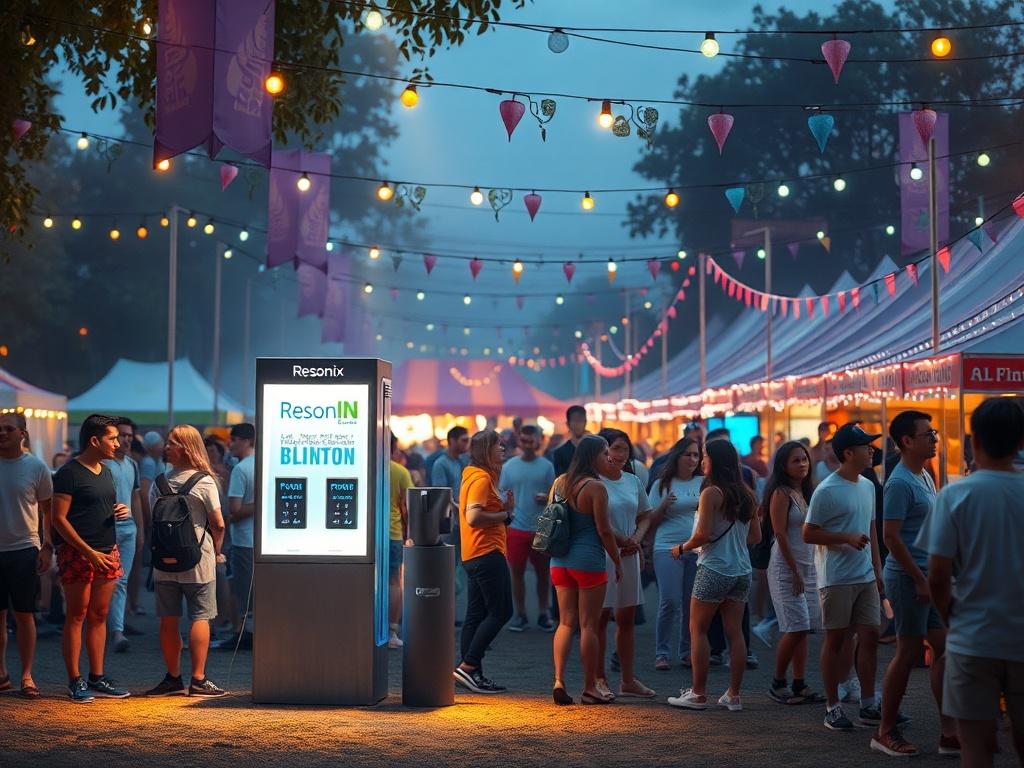 A vibrant festival scene showcasing hydration stations designed by Resonix. The hydration stations are modern and visually appealing, surrounded by festival-goers enjoying the atmosphere. The lighting is soft and inviting, creating a warm and safe environment. The background features colorful festival tents and decorations, with people interacting joyfully. The overall composition conveys a sense of community, safety, and enjoyment.