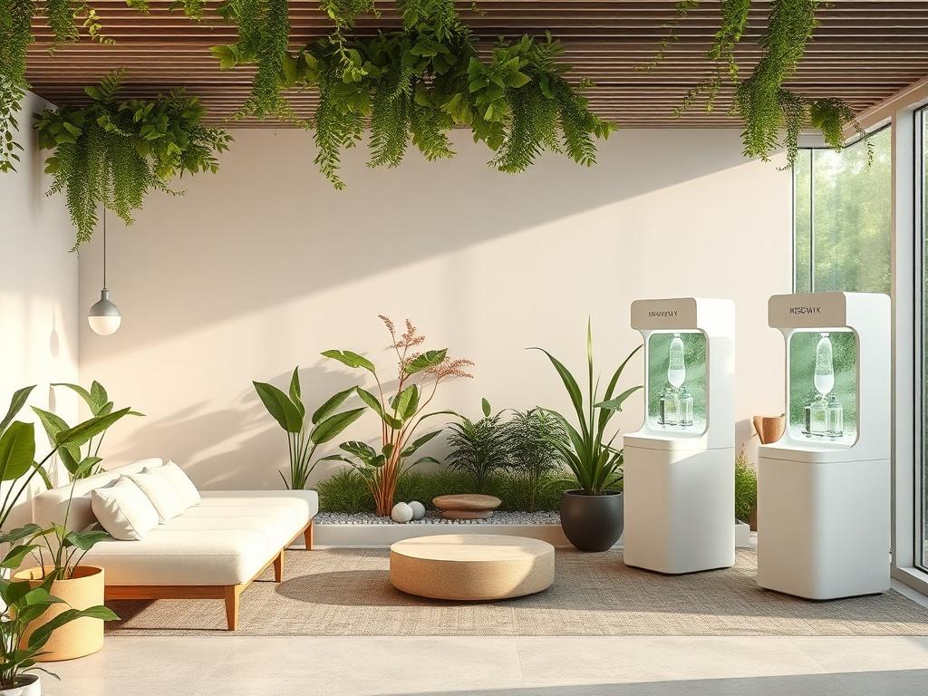 A serene wellness retreat space designed by Resonix, featuring calming colors and soft lighting. The environment includes comfortable seating areas with plants and hydration stations infused with tranquil designs. The background showcases nature, with lush greenery and gentle water features. The composition conveys a peaceful atmosphere, inviting visitors to relax and recharge their senses.