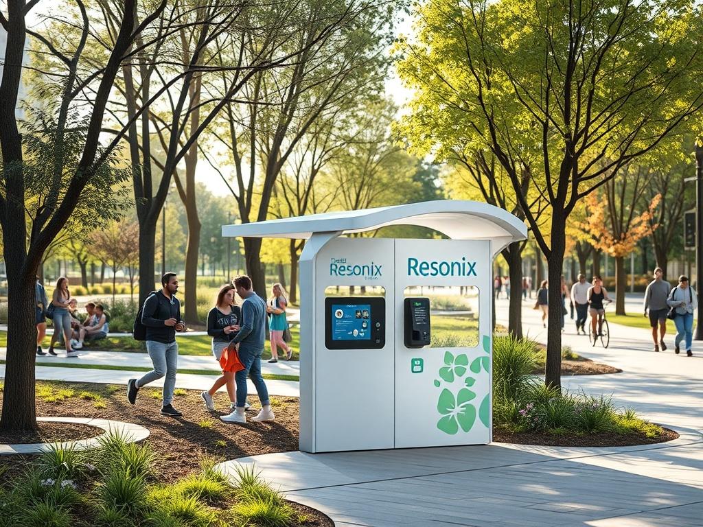 An urban park scene featuring a Resonix hydration station integrated into the landscape. The station is designed to blend with nature, surrounded by park-goers enjoying outdoor activities. The lighting is bright and cheerful, showcasing a vibrant atmosphere. The background includes trees, walking paths, and people engaging in various recreational activities, emphasizing community interaction.