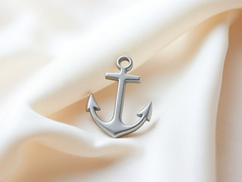 A high-resolution image of a stylish wearable anchor, designed as a bracelet, resting on a soft fabric background. The anchor should have a modern, sleek appearance, with gentle curves and a soothing color palette. The setting should be softly lit, evoking a sense of calm and tranquility.
