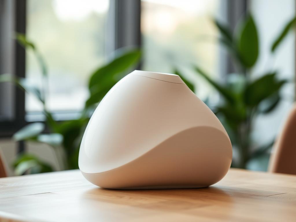 A high-resolution photo of a sleek, modern hydration vessel placed on a natural wooden table. The vessel should have a smooth, ergonomic design, reflecting a gentle, calming color palette. Soft lighting enhances the tranquil atmosphere, with a blurred background of greenery to evoke a sense of connection with nature.