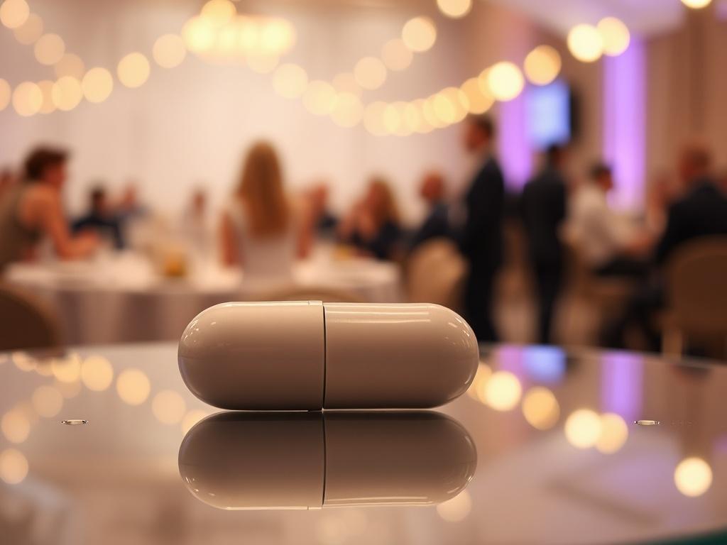 A high-resolution photo of a sleek passive locator capsule, displayed on a reflective surface. The capsule should have an understated, modern design with a neutral color scheme. Soft lighting creates an inviting atmosphere, with a blurred background that suggests an event setting.
