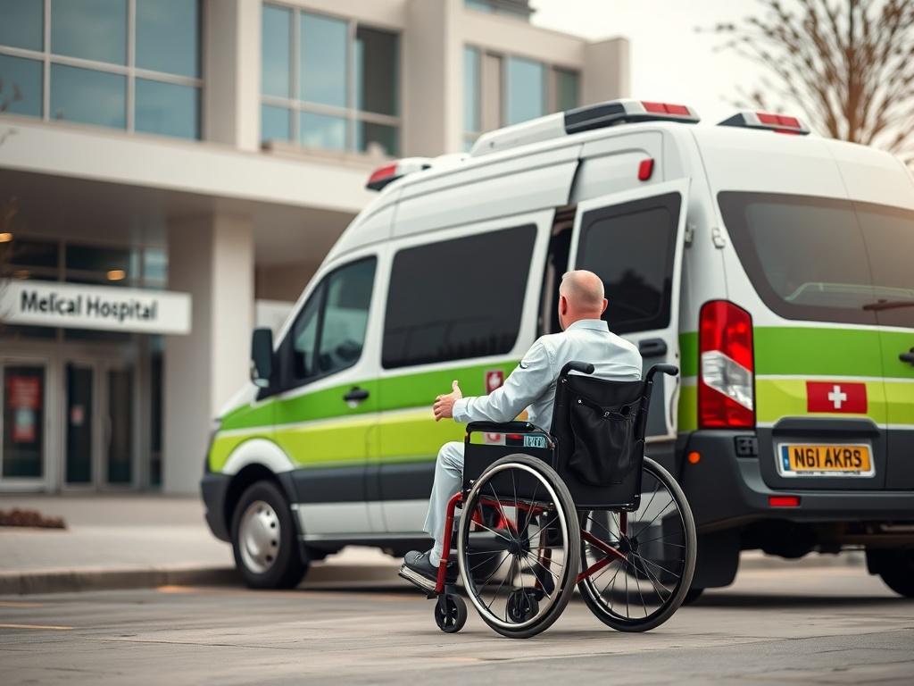 A high-resolution close-up photograph of a professional medical transport vehicle, showing it parked in front of a modern hospital, with a healthcare professional assisting a patient in a wheelchair. The background should be clear, focusing on the vehicle and the interaction, capturing the compassion and professionalism of the service. The image should have a clean, medical premium look, with a bright and welcoming atmosphere.