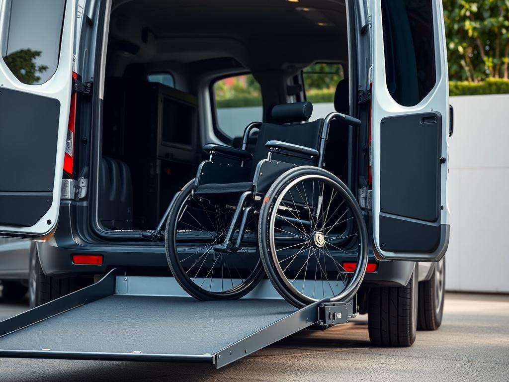 A close-up shot of a professional wheelchair accessible vehicle, designed specifically for transporting wheelchair users. The vehicle should be shown parked in a well-lit environment, with a focus on the ramp that allows easy access for the wheelchair. The background should be simple and clean, showcasing a serene outdoor setting, possibly with some greenery to emphasize accessibility. The colors of the vehicle should align with the primary color rgb(2, 86, 197).