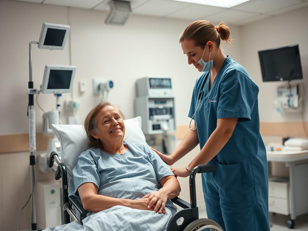 Create a realistic high-resolution photo that reflects the blog title "Hogyan működik a betegszállítás?" The composition should be simple and clear, featuring a single subject: a caring healthcare professional assisting a patient in a hospital environment. 

The healthcare professional should be dressed in a clean, professional uniform, showcasing empathy and attentiveness as they prepare the patient for transfer. The patient, possibly sitting on a hospital bed or in a wheelchair, should look calm and comfo