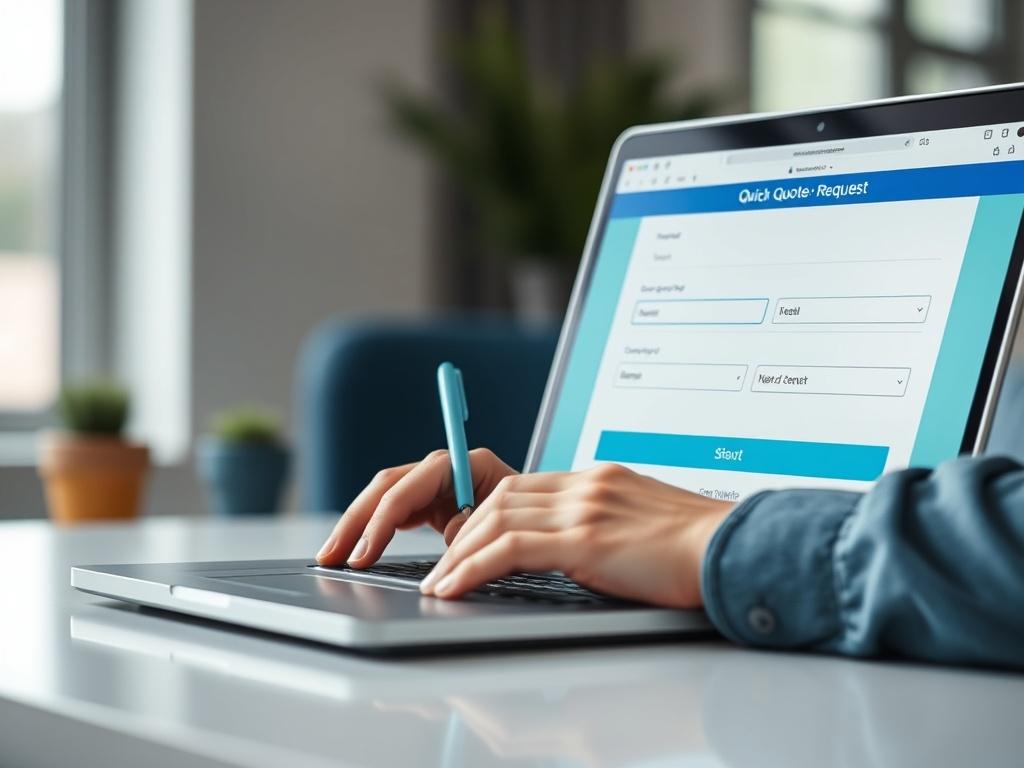 A close-up of a user filling out a quick quote request form on a laptop. The background should be minimalistic and professional, emphasizing the efficiency and speed of the process. The colors should reflect the company’s branding with blue and turquoise accents.