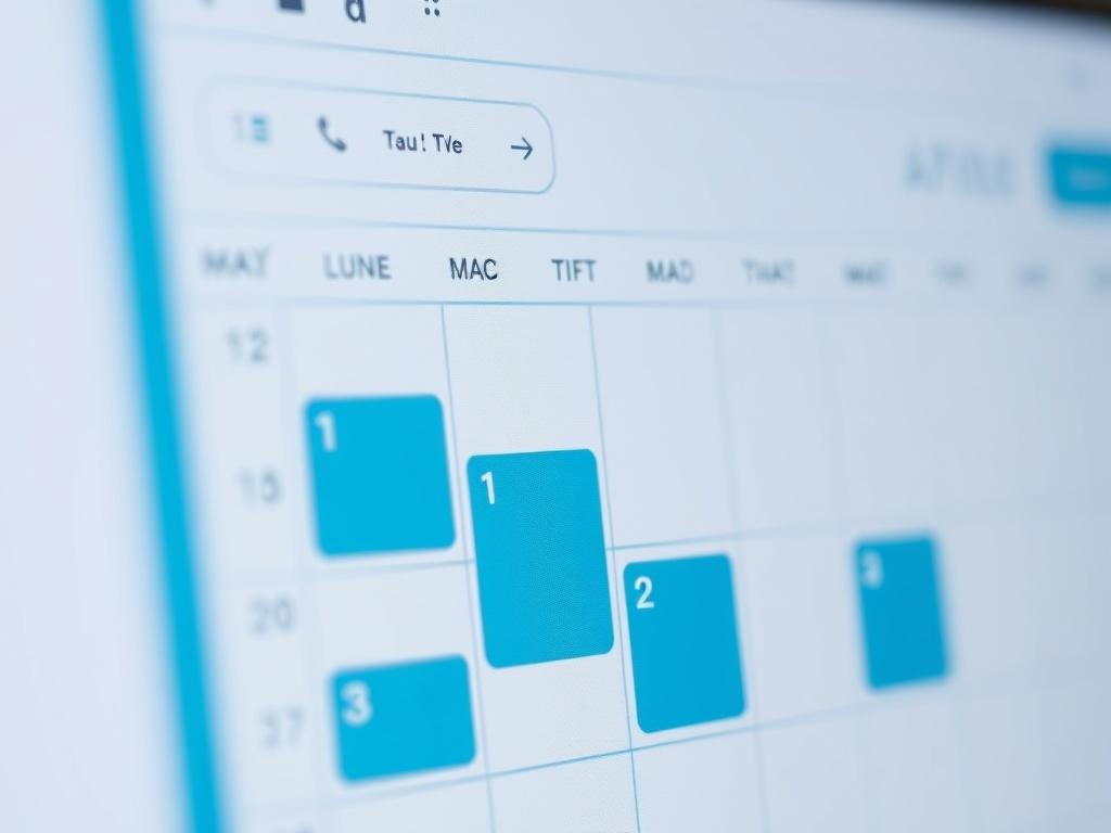 A close-up shot of a modern digital calendar interface showing a user booking a medical transport service. The background should be simple and clean, emphasizing the ease of use and efficiency. The color palette should reflect the primary color of the business, with a focus on blue and turquoise shades.