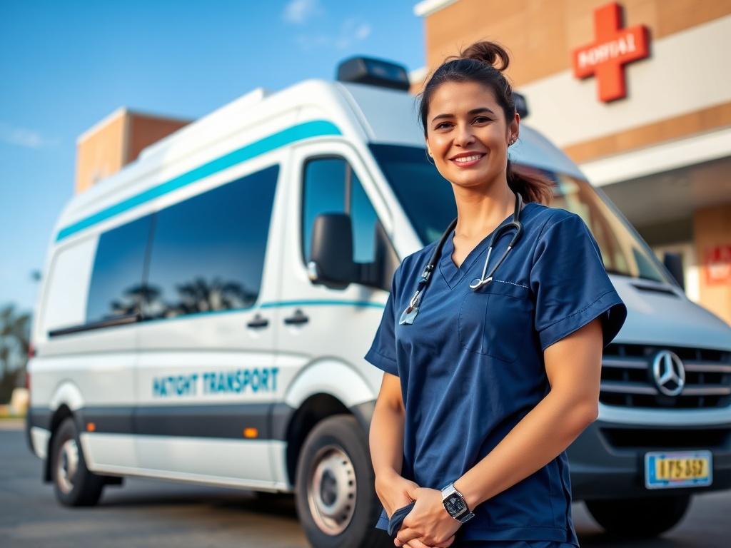 A realistic high-resolution photo of a professional patient transport vehicle parked outside a hospital. The vehicle is clean and well-maintained, with a clear blue sky in the background. A caring healthcare assistant is standing next to the vehicle, ready to assist patients. The focus is on the assistant, showcasing their friendly demeanor. The color scheme should align with the company's primary color rgb(2, 86, 197) for branding consistency.