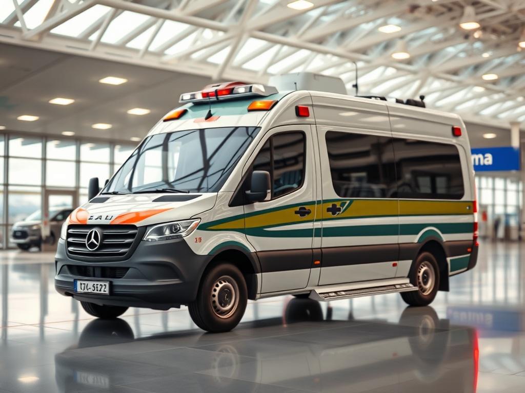 A realistic high-resolution photo of a professional medical transport vehicle at an airport. The vehicle should be in the foreground, showcasing its sleek design and medical equipment, with a soft focus on the airport terminal in the background. The lighting should be bright and clear, highlighting the vehicle's features. The composition should be clean and simple, focusing on the medical transport vehicle as the only subject.