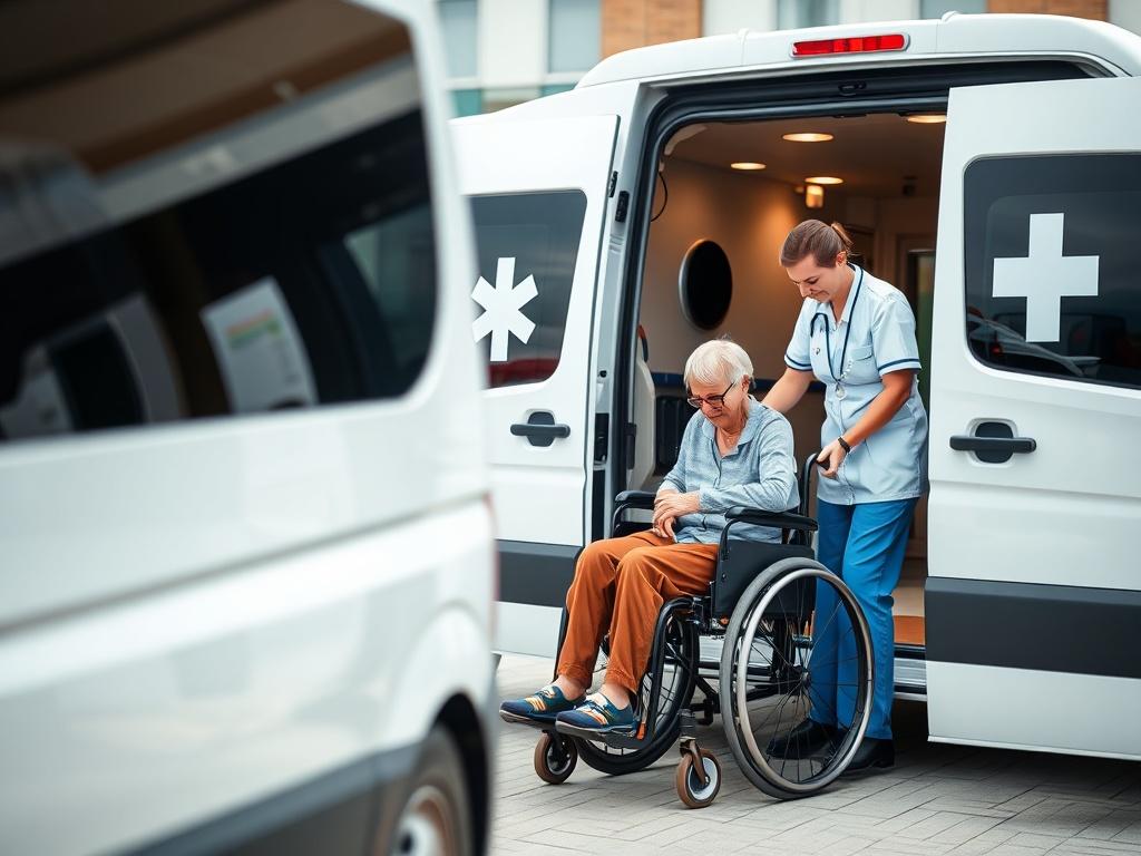 A close-up shot of a professional medical transportation vehicle parked outside a hospital. The vehicle is well-maintained and features clear medical symbols. In the background, a healthcare professional is assisting a patient in a wheelchair, showing a caring and empathetic demeanor. The image should be bright and inviting, capturing the essence of safe and reliable patient transportation.
