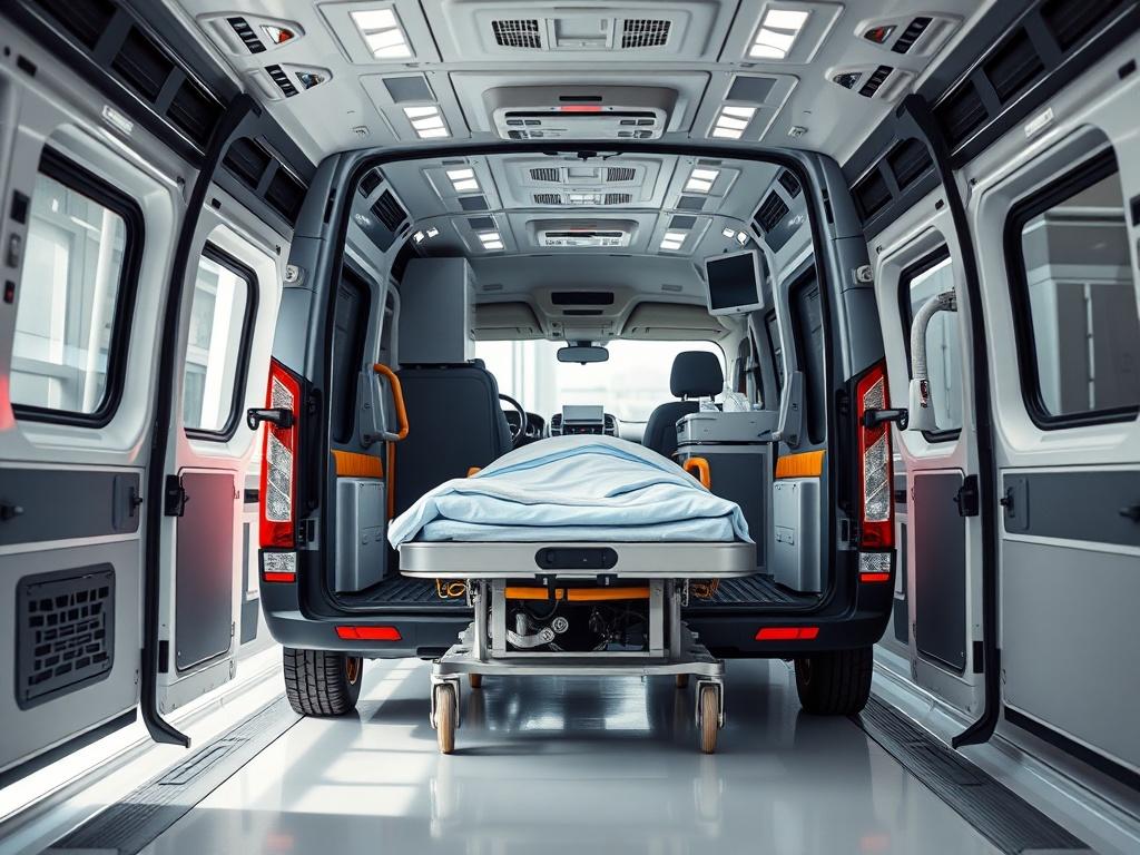 A close-up shot of a professional medical transportation vehicle designed for heavy patients, featuring a spacious interior and specialized equipment. The background is a clean and bright medical environment, emphasizing safety and comfort. The vehicle should be shown in a realistic high-resolution style, capturing the essence of secure patient transport.