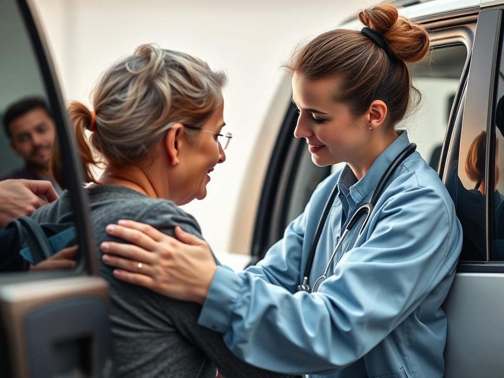 A close-up image of a professional healthcare assistant helping a patient out of a vehicle. The assistant is showing empathy and care, with a focus on the interaction between them. The background is neutral, highlighting the moment of arrival and assistance.