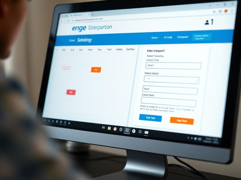 A close-up shot of a computer screen displaying a user-friendly online booking system for patient transportation. The screen shows a calendar interface with highlighted dates and a form for entering patient and transport details. The background is softly blurred to focus on the screen, conveying a sense of ease and technology.