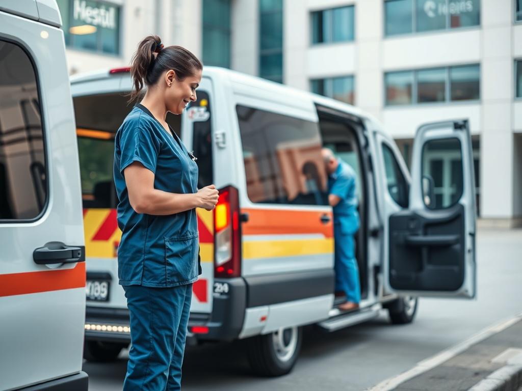 A close-up shot of a professional patient transfer vehicle parked outside a modern hospital, with a compassionate healthcare assistant preparing to assist a patient. The background should be clean and bright, emphasizing a sense of safety and professionalism. The image should reflect a hyper-realistic style, capturing details such as the vehicle's design and the assistant's caring demeanor.