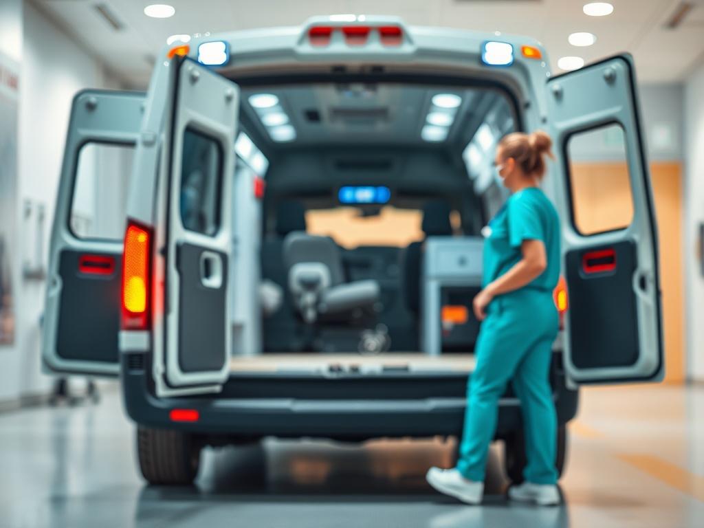 A close-up shot of a professional medical transport vehicle, featuring a caring healthcare assistant ready to assist a patient. The background is softly blurred to emphasize the vehicle and the assistant, with a clean, bright atmosphere that conveys safety and empathy. The color scheme includes shades of blue and turquoise, aligning with a healthcare theme.