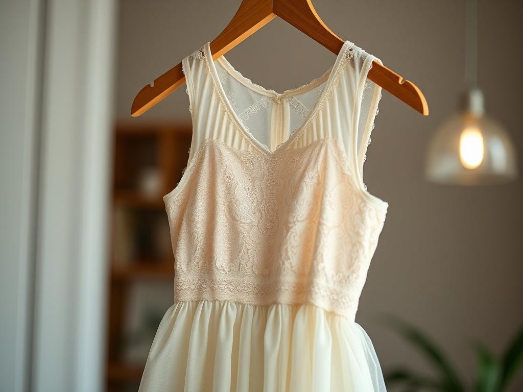 A close-up shot of a beautiful short dress hanging elegantly on a wooden hanger. The dress is made of delicate fabric, showcasing intricate lace details and soft pastel colors. The background is softly blurred, emphasizing the dress while providing a warm and inviting atmosphere. The lighting is soft and natural, highlighting the texture of the fabric and the craftsmanship of the dress. The overall composition is simple and clear, focusing solely on the short dress.