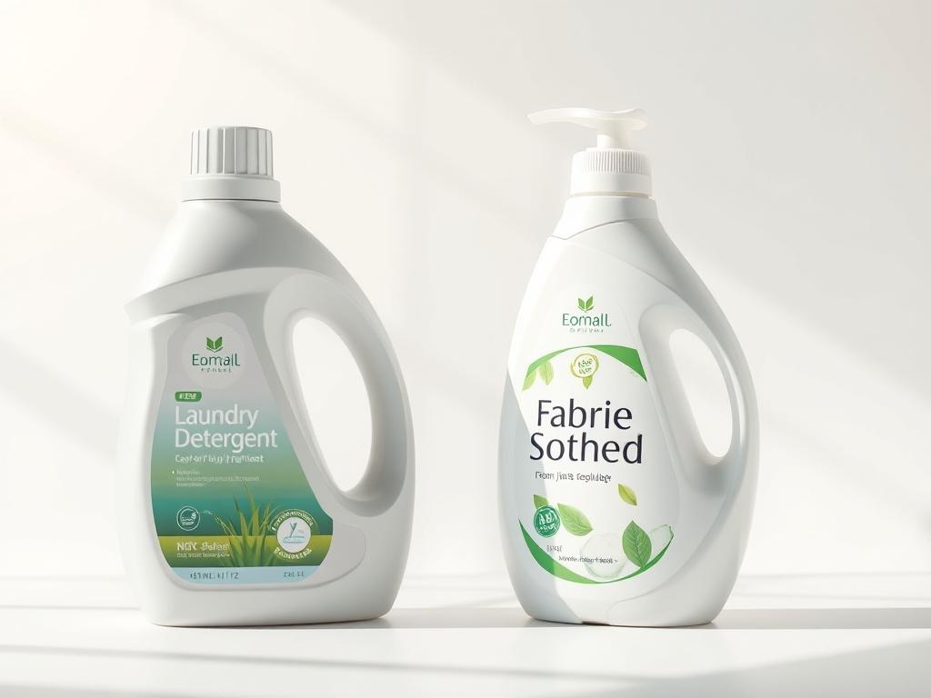 A close-up shot of a bottle of eco-friendly laundry detergent and a bottle of fabric softener, both elegantly displayed on a clean, white background. The bottles are made from recyclable materials, showcasing a minimalist design with green accents to emphasize their eco-friendly nature. Soft sunlight casts a warm glow on the bottles, highlighting their premium quality. The image focuses solely on the two products, inviting viewers to appreciate their environmentally conscious appeal.