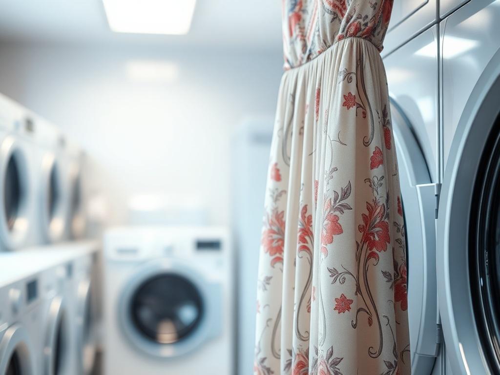 A close-up shot of a beautiful long dress hanging elegantly in a well-lit laundry setting. The dress is made of delicate fabric, showcasing intricate patterns and vibrant colors. The background is softly blurred, emphasizing the dress, while a hint of laundry equipment can be seen to convey the premium laundry service environment. The image should evoke a sense of cleanliness and care, reflecting the high-quality service provided by Wash Lab Pure Laundry Service.