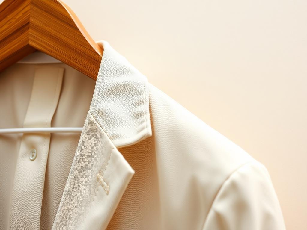A close-up shot of a neatly pressed summer linen suit, showcasing its light texture and vibrant colors. The suit is displayed on a tasteful wooden hanger with a soft, neutral background that emphasizes the suit's details. The focus should be on the fabric's natural wrinkles and drape, highlighting the luxurious feel of linen. The lighting should be bright and inviting, creating a sense of freshness, suitable for warm weather occasions.