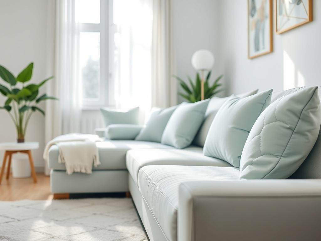 A close-up shot of a beautifully clean living room with bright, fresh upholstery and a cozy atmosphere. The scene features a well-maintained sofa with soft cushions, a clean rug, and natural light streaming through a window, creating a welcoming and inviting space. The colors should harmonize with the #062767 primary color, enhancing the overall freshness of the room.