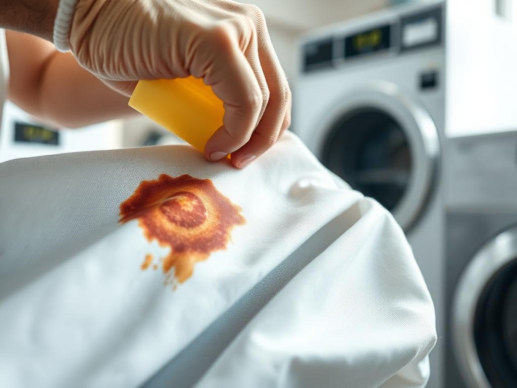 A close-up shot of a fabric with a noticeable tough stain being treated in a modern laundry environment. The image should capture the process of stain removal, showcasing a professional applying a treatment with focused intent. The background should be bright and clean, highlighting the effectiveness of the stain removal process.